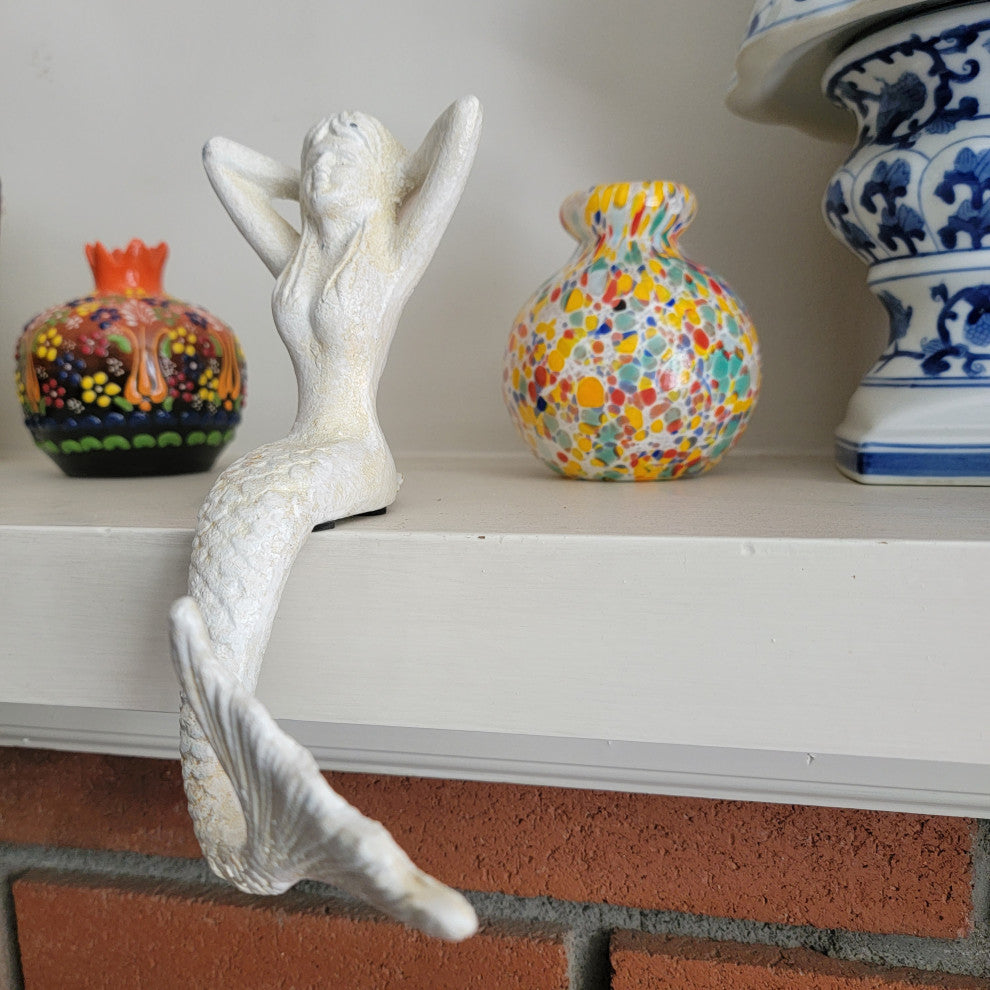 Coastal Mermaid Stocking Hanger Christmas Shelf Distressed White Iron 7 inch