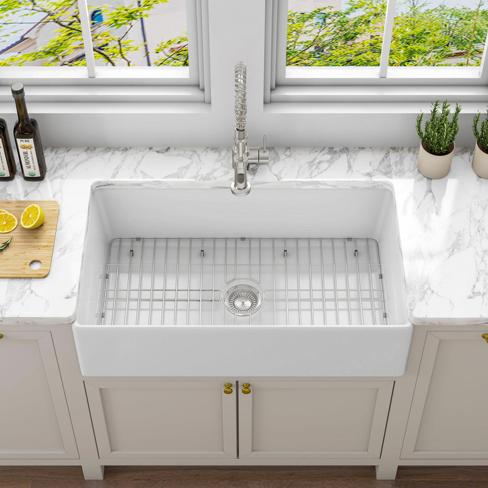 Sinber Farmhouse Apron Single Bowl Kitchen Sink with Fireclay 2 Accessories, White, 33" X 20"