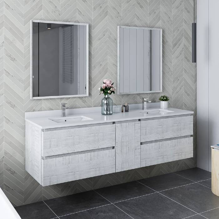 Fresca Formosa Modern 72" Rustic White Double Sink Vanity, Faucet Fft3111bn