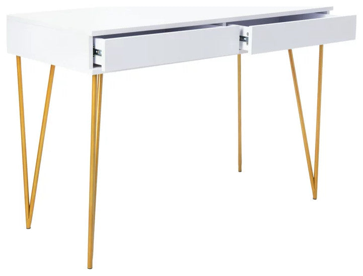 Contemporary Desk, Elegant Hairpin Legs & Handless Storage Drawers, White/Brass