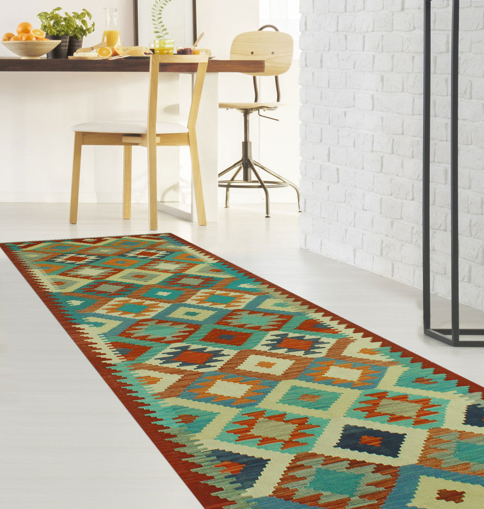 Sangat Kilim Abdulker Burgundy/Blue Runner, 2'10x12'6