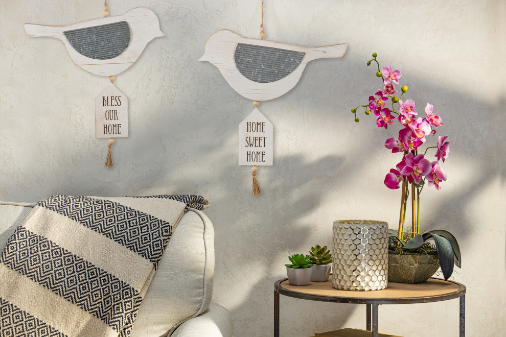 Set of 2 16.13" White Wood and Metal Hanging Bird Wall Decor
