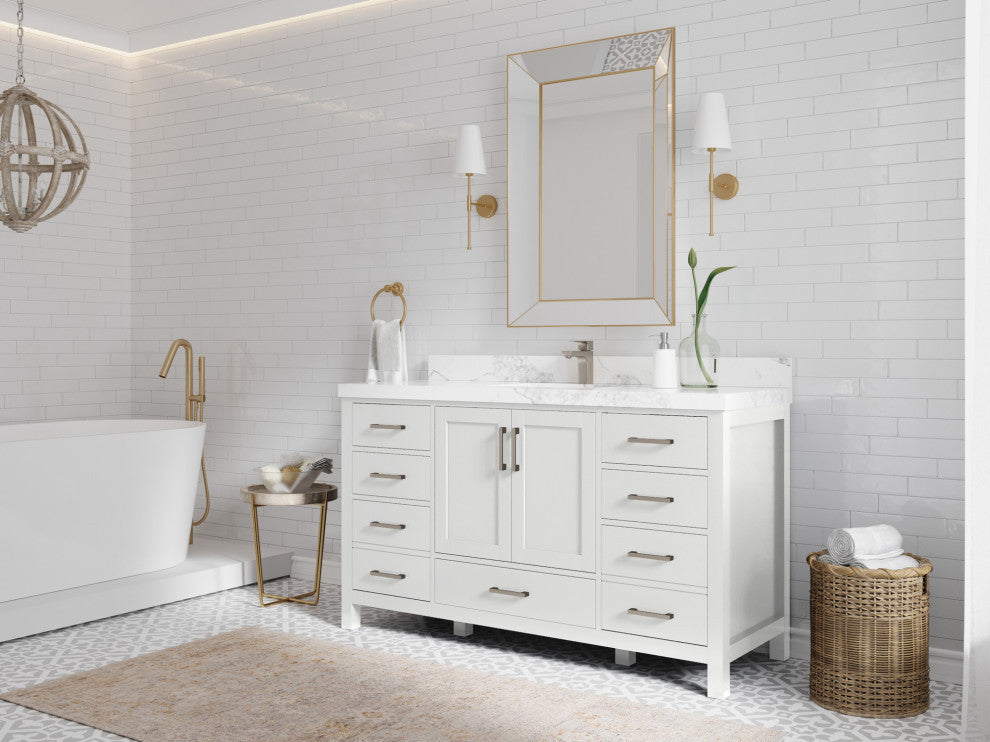 Malibu 60 Single Sink Bathroom Vanity in White  1.5" White Quartz