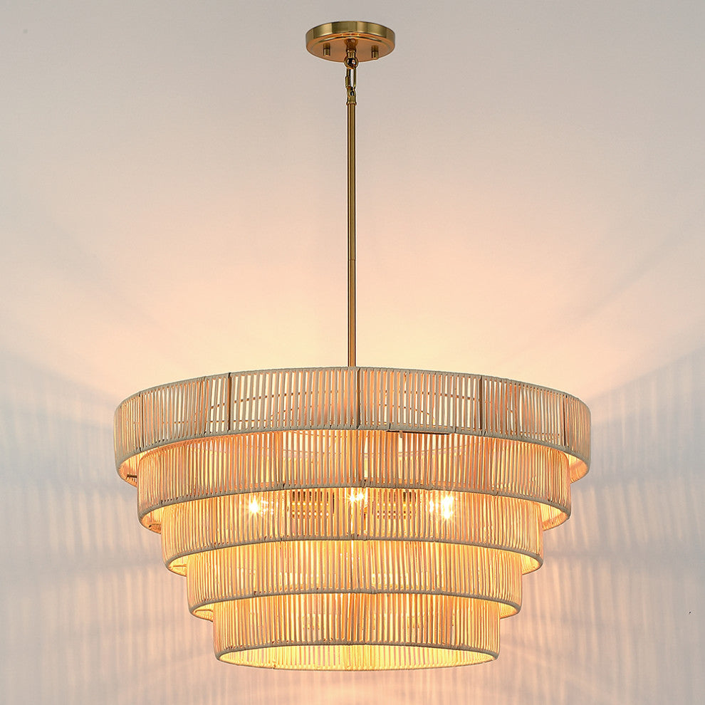 26" W 5-Light Brass Modern Bohemian Chandelier With Tiered Rattan Shade