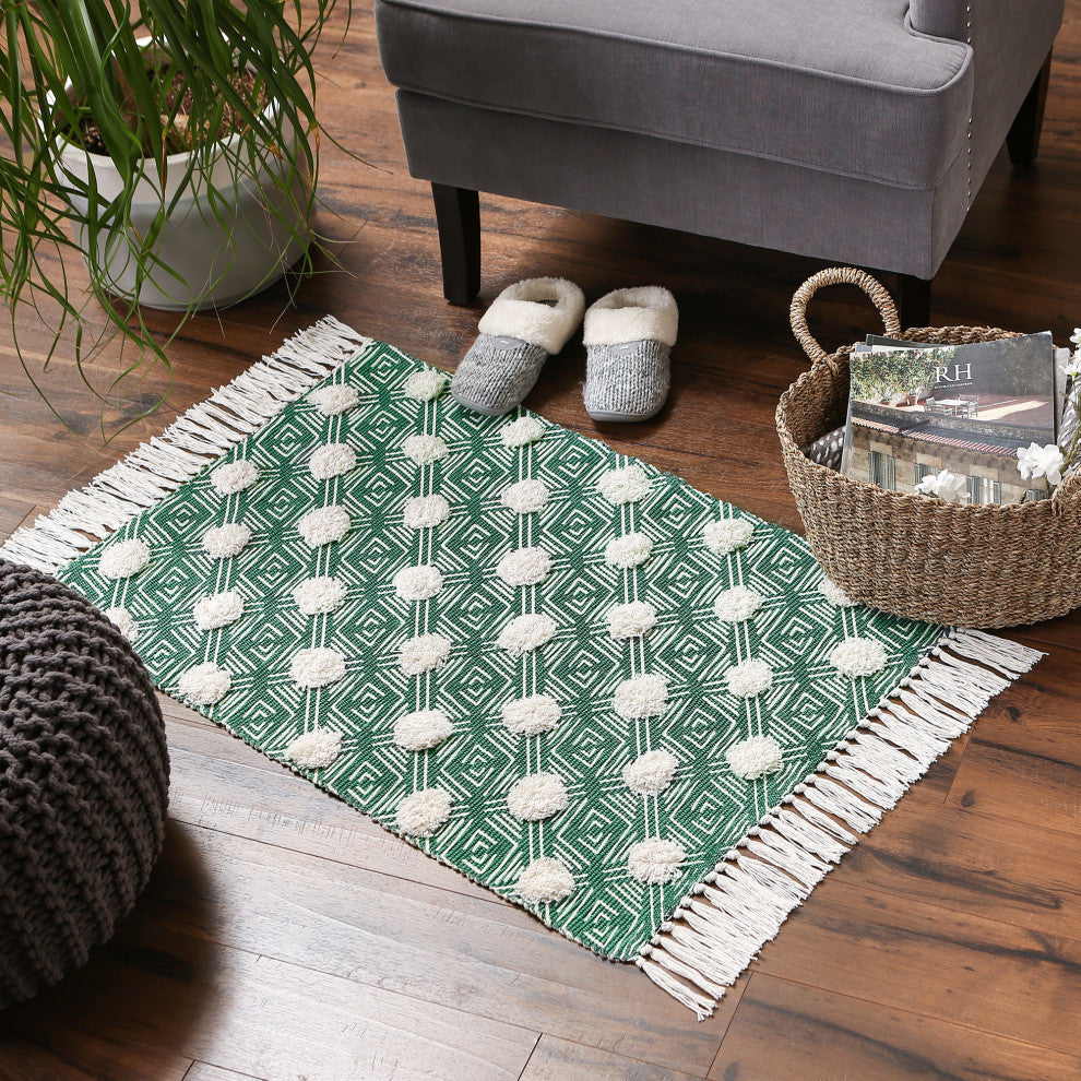 Teal Diamond Printed Off-White Hand-Loomed Shag Rug 2x3 ft.