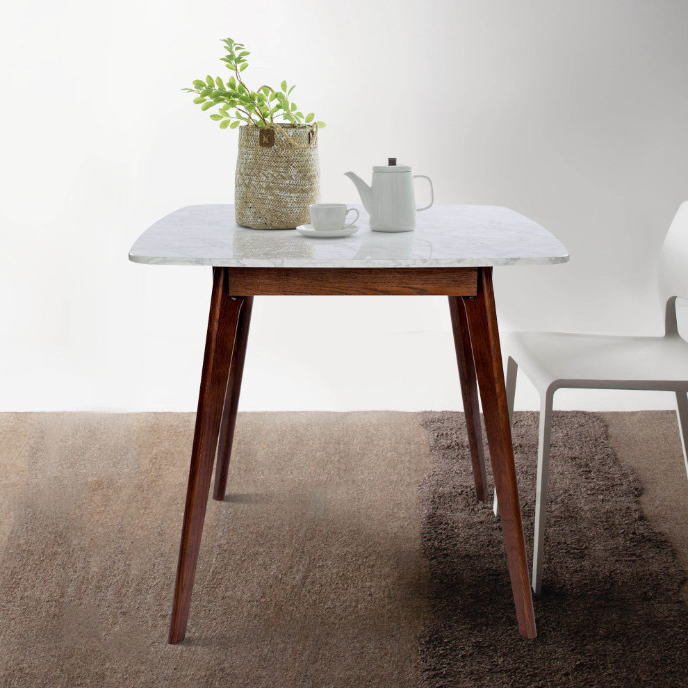 Senna 31" Square White Italian Carrara Marble Dining Table With Walnut Legs