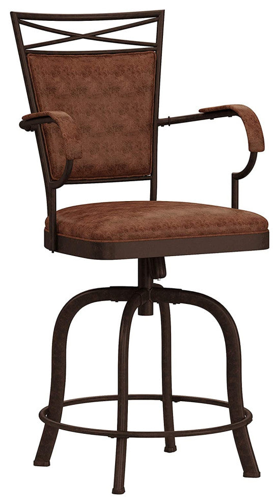 Industrial Bar Stool, Metal Frame With Swivel Weathered Brown Faux Leather Seat,