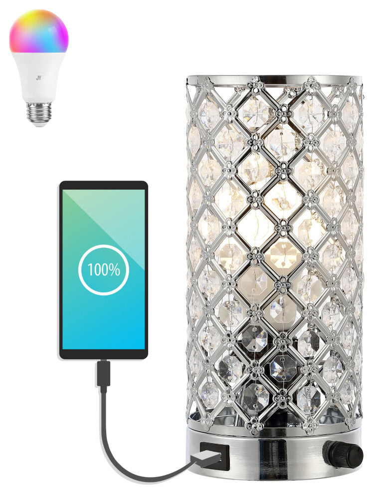 Lucie 9.5" Iron/Acrylic LED Mini Uplight Table Lamp With USB Port, Chrome/Clear