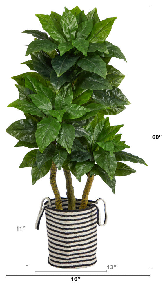 5' Bird Nest Faux Tree, Handmade Black/White Natural Jute and Cotton Planter