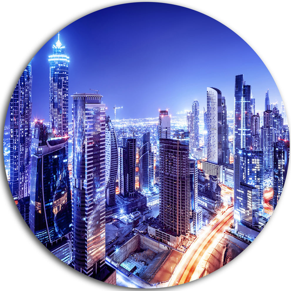Dubai Downtown Night Scene, Cityscape Photo Round Metal Wall Art, 36"
