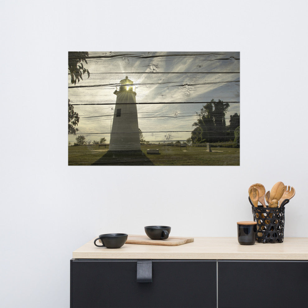Faux Rustic Reclaimed Wood Turkey Point Lighthouse Unframed Wall Art Prints, 24" X 36"