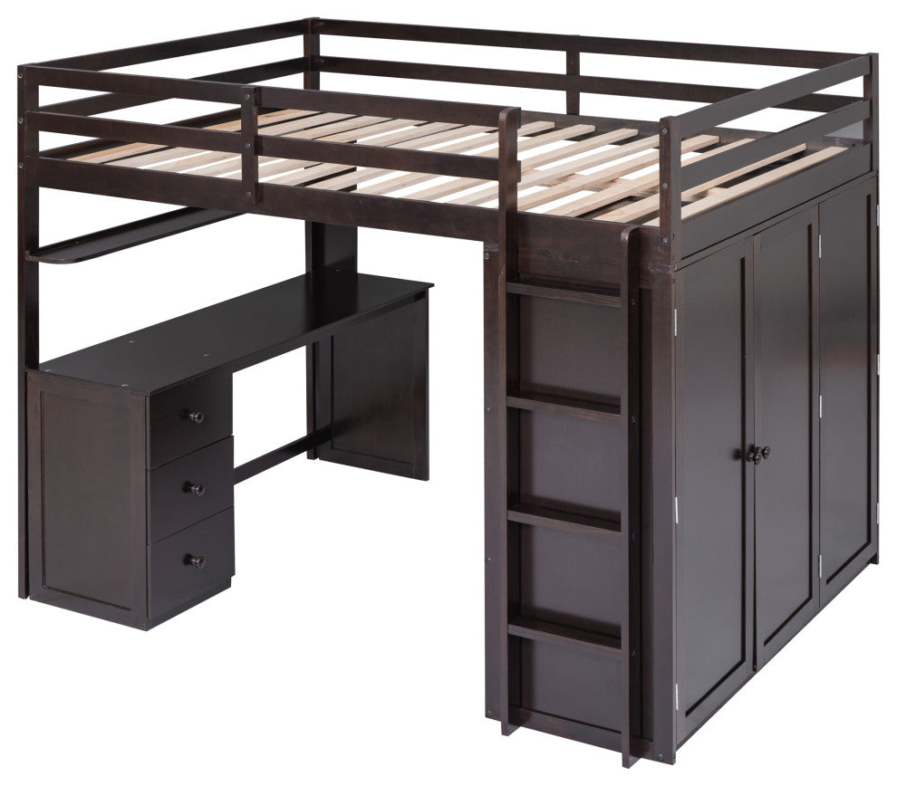 Gewnee Full size Wood Loft Bed with Drawers,Desk and Wardrobe in Espresso