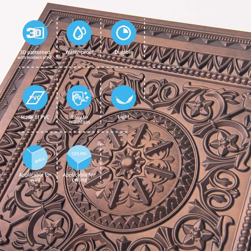 Art3d Drop Ceiling Tiles, Lay in/Glue up Ceiling Tiles, 2'x2' Plastic Sheet, Antique Copper