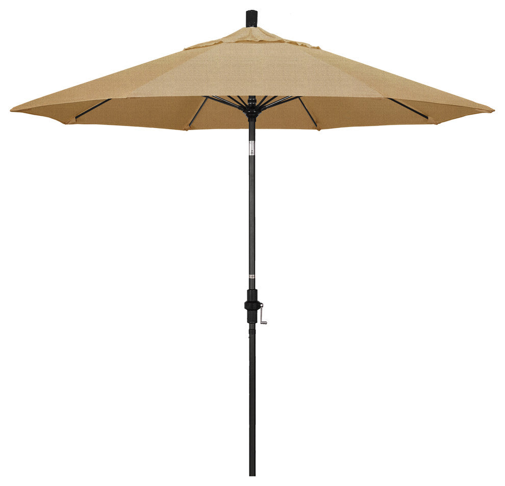 9' Matted Black Collar Tilt Lift Fiberglass Rib Aluminum Umbrella, Sunbrella, Linen Sesame