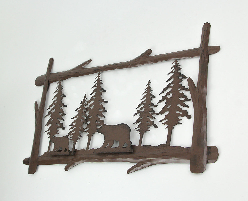 Rustic Brown Metal Black Bears in Forest Silhouette Wall Hanging