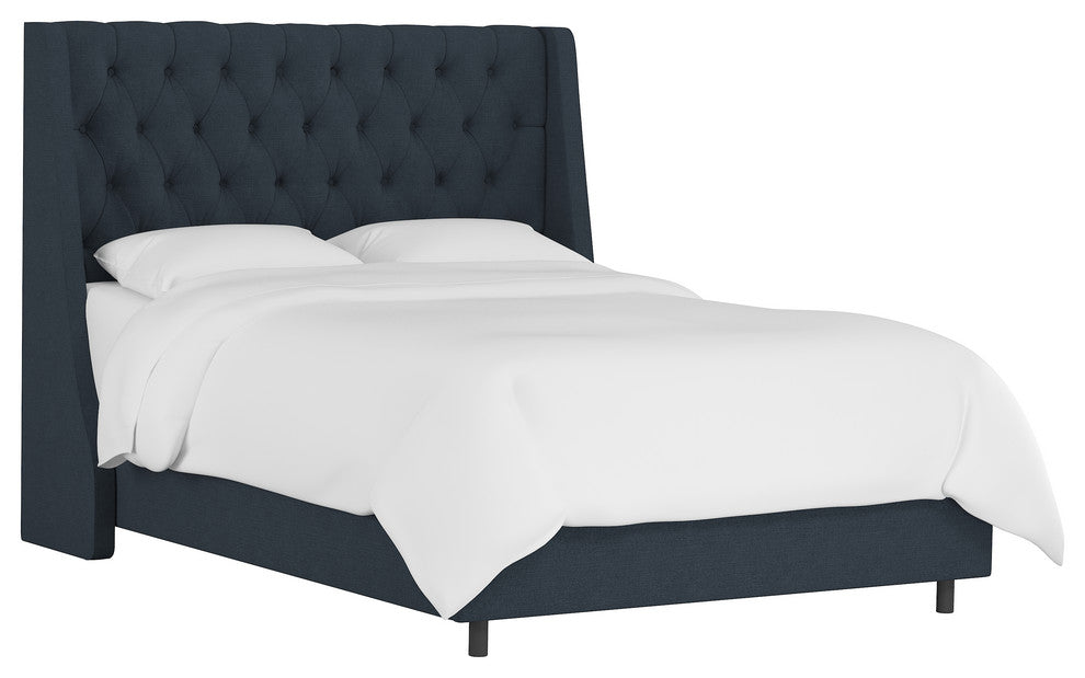 Wells Twin Tufted Wingback Bed, Linen Navy
