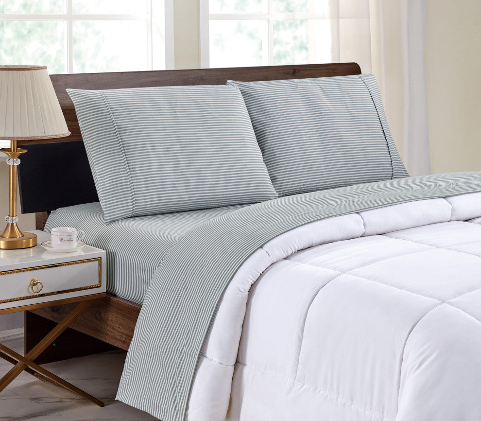 Bibb Home 4 Piece Printed Microfiber Sheet Set, Gray Stripes, King