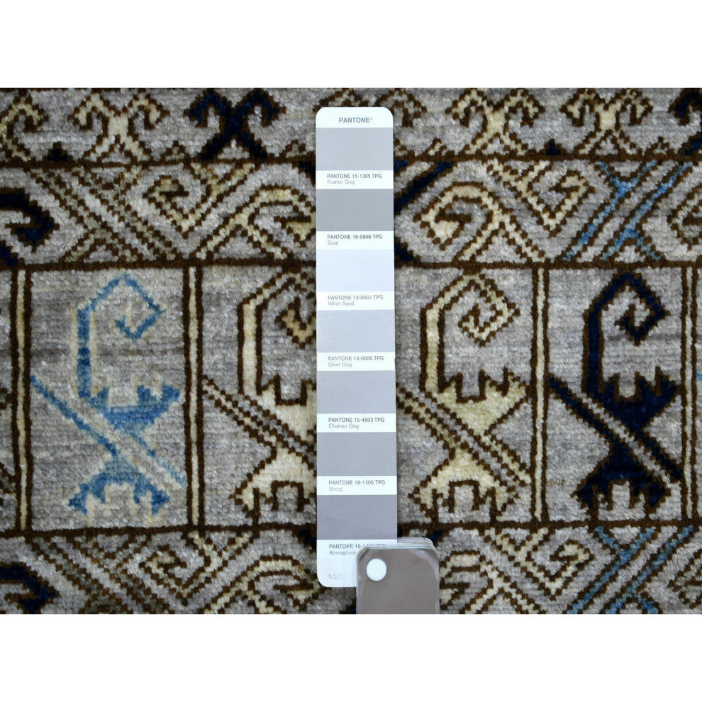 Light Gray, Turkeman Ersari Pure Wool Hand Knotted Wide Runner Rug, 4'1" x 9'7"
