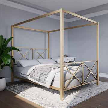 Elegant Full Canopy Bed with Metal Frame and Unique X-Detail Headboard, Gold