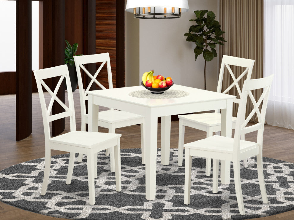 5 Pc Small Kitchen Table Set And 4 Hard Wood Dining Chairs, Linen White