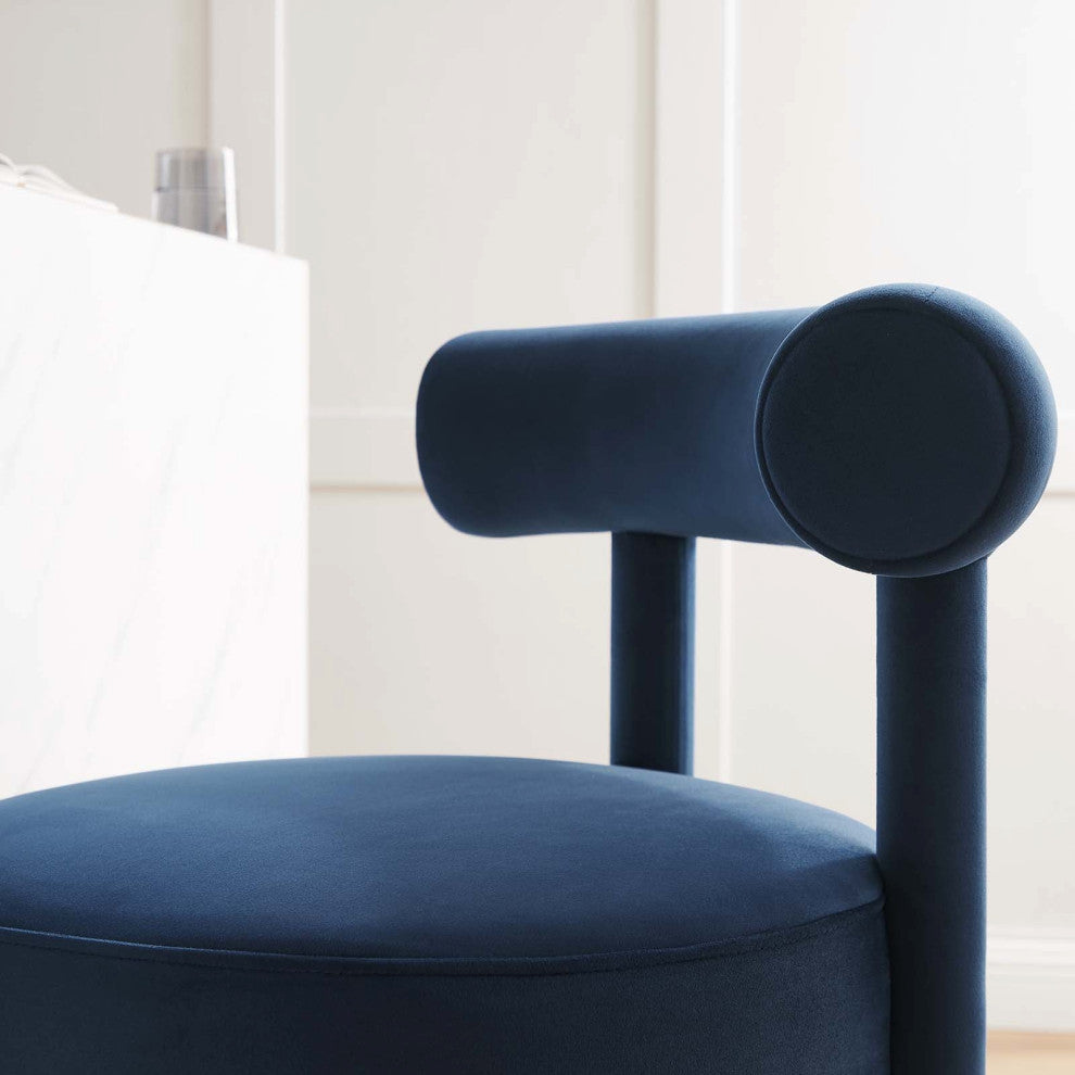 Toulouse Performance Velvet Counter Stool, Curved Round Bolster Kitchen Stool, Blue