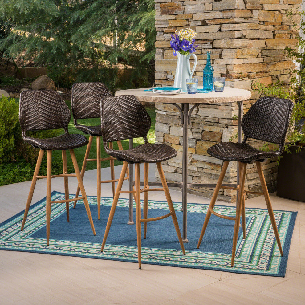 GDF Studio Amaya Outdoor Multi-brown Wicker Barstools With Wood Finish Metal Leg
