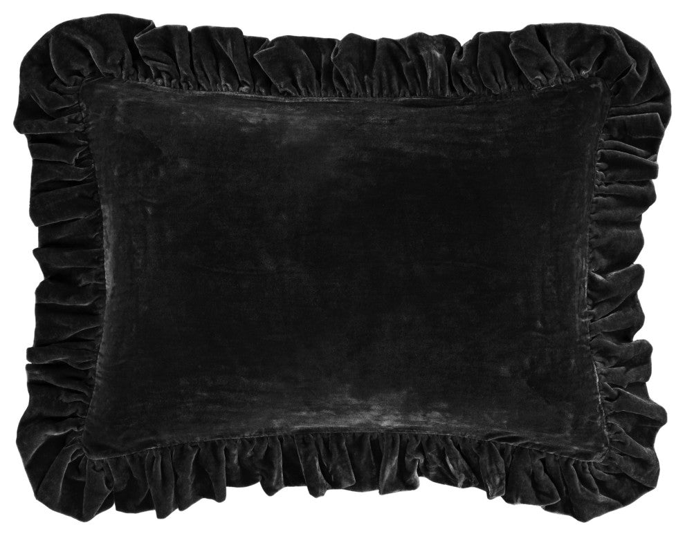 Stella Faux Silk Velvet Ruffled Dutch Euro Pillow, 27"x39", 1 Piece, Black