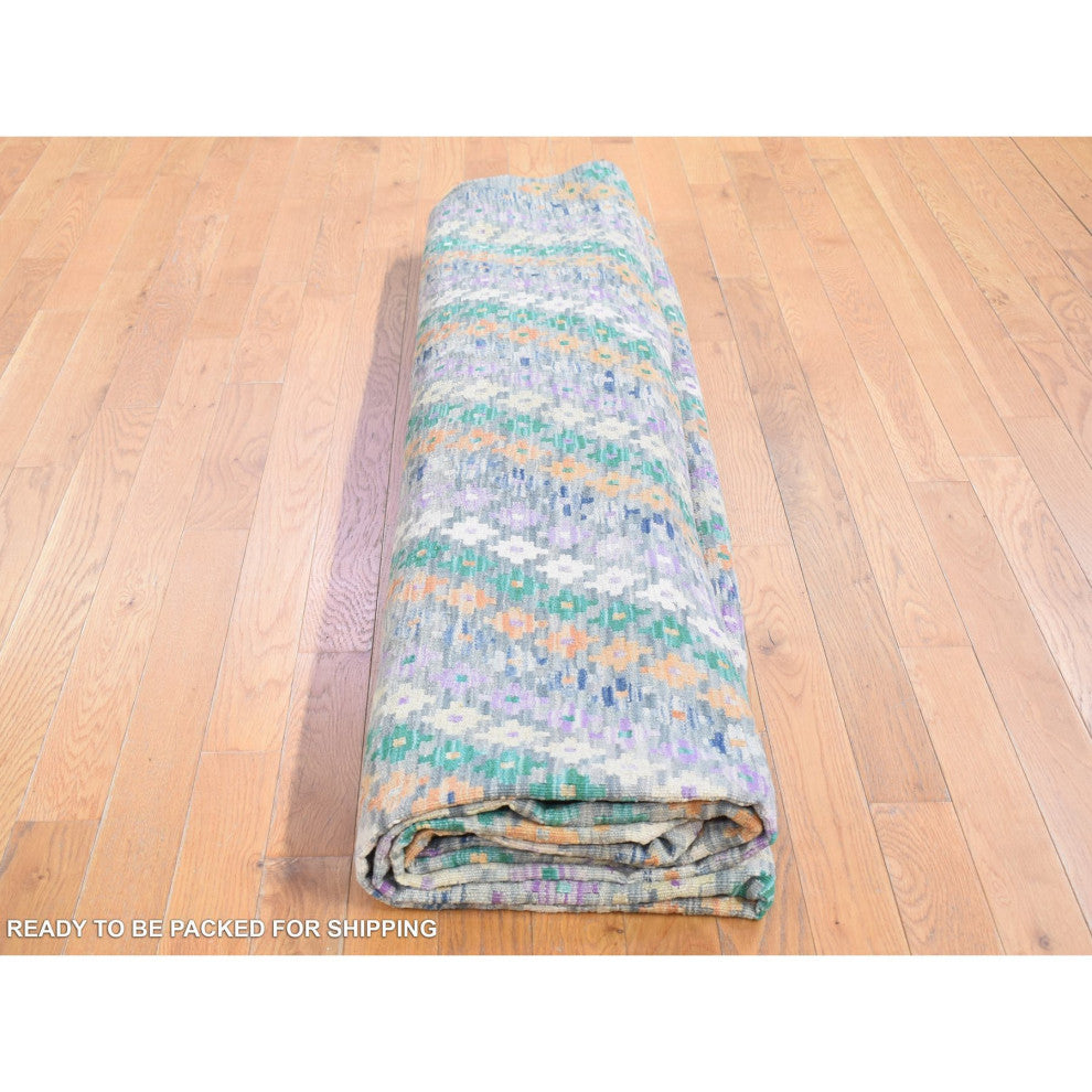 Gray Afghan Kilim with Geometric Design Pure Wool Hand Knotted Rug 10'3" x 13'5"