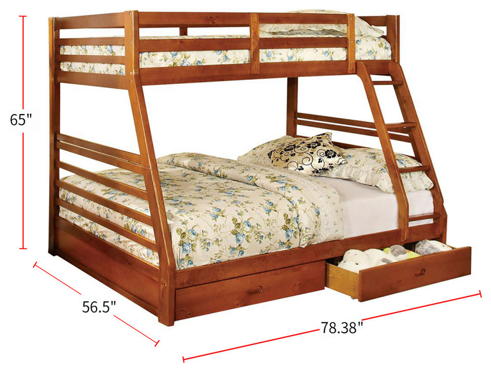 Wooden Twin Over Full Bunk Bed with 2 Drawers, Oak