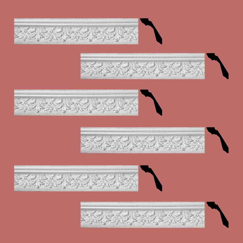 Cornice White Urethane Leaf Ornate Design 6 Pieces Totaling 444" Length