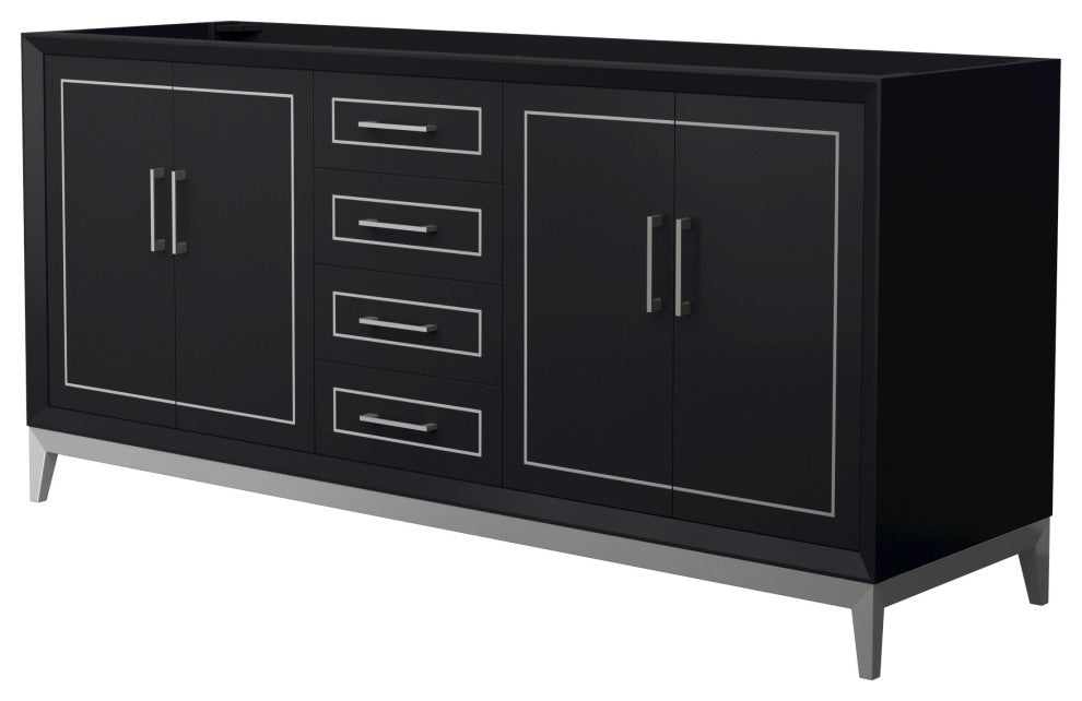 Marlena 72" Black Double Vanity, No Top, No Sink, Nickel Trim