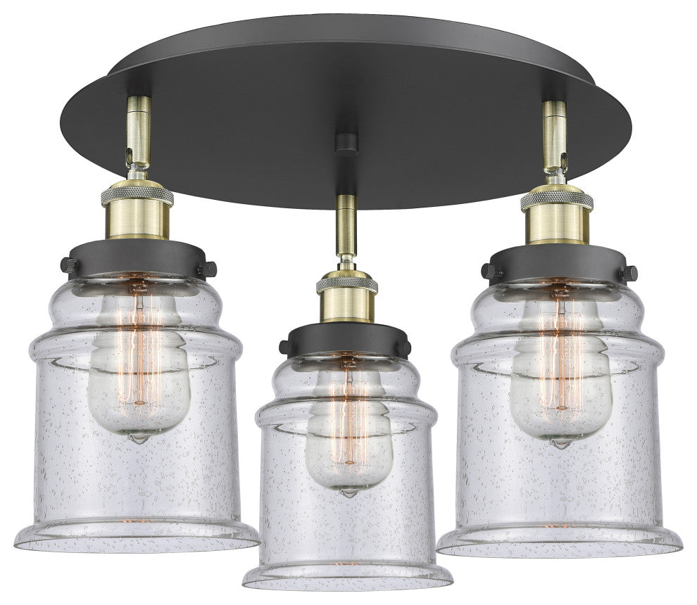 Canton-3 Light 18" Flush Mount-Black Antique Brass, Seedy Glass Shade