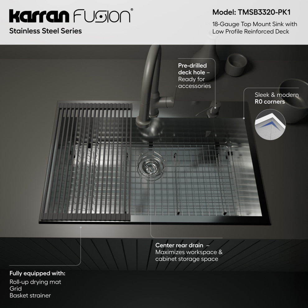 Karran Fusion Top Mount 33-in x 22-in Stainless Steel Single Bowl Kitchen Sink