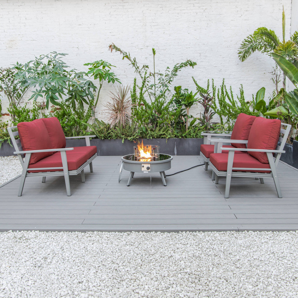 LeisureMod Walbrooke Grey Patio Sofa Set With Round Fire Pit Table, Red