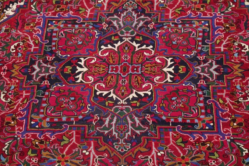 Consigned, Heriz Oriental Hand-Knotted Traditional Persian Area Rug, Red, 10x12