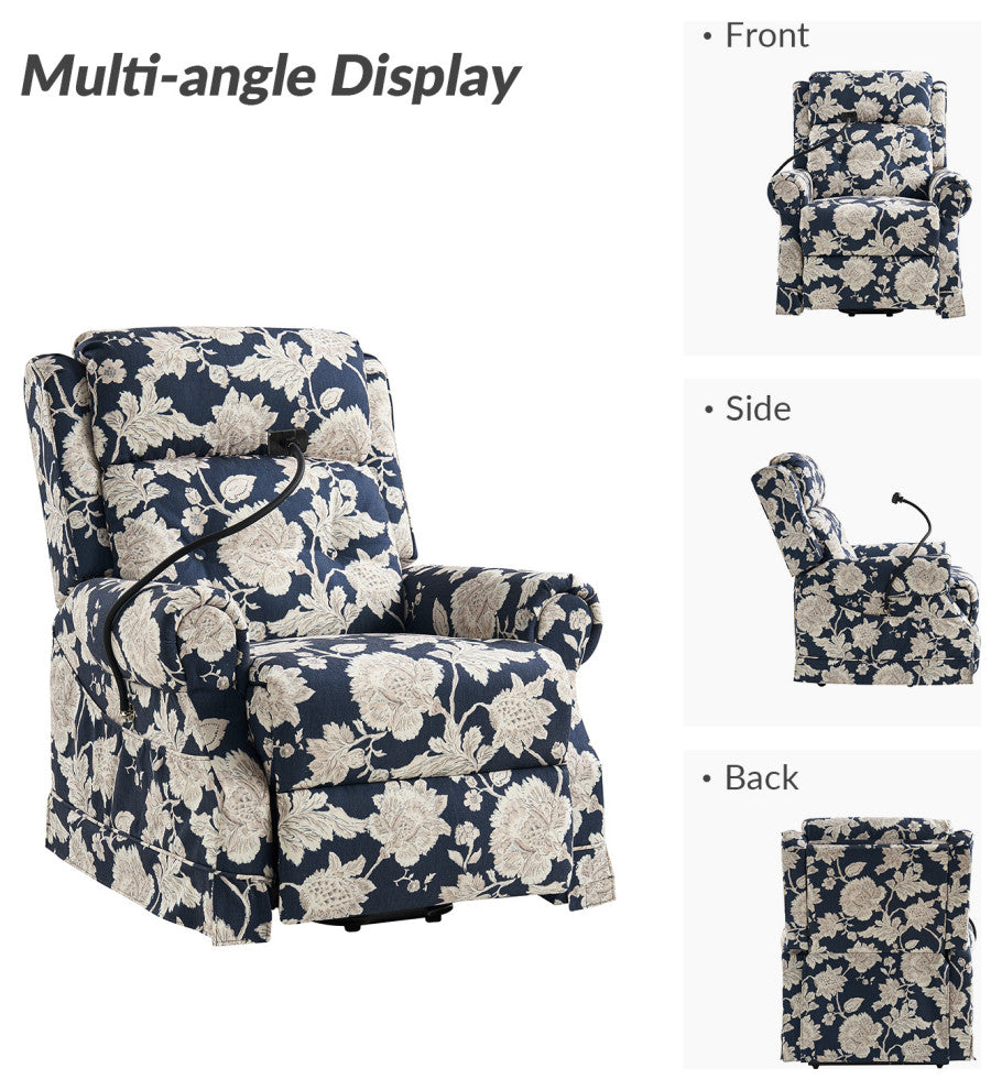 Lift Assist Power Recliner With Massage Heat And Manual Headrest, Navy