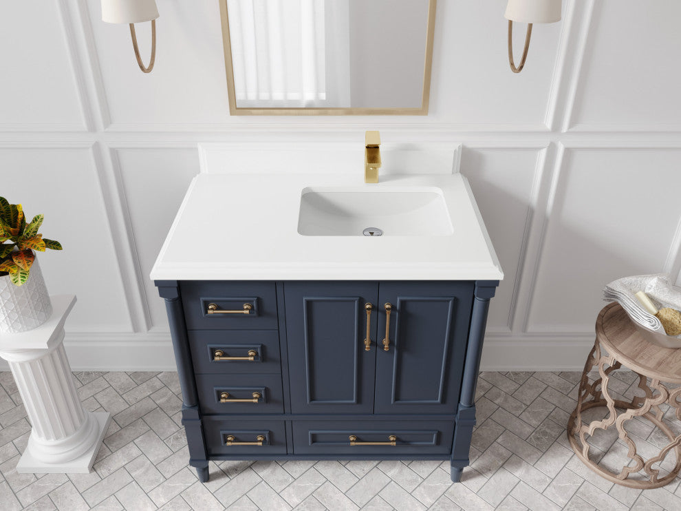 Aberdeen 36 Right Offset Bath Vanity in Hale Navy Blue  1.5" White Quartz