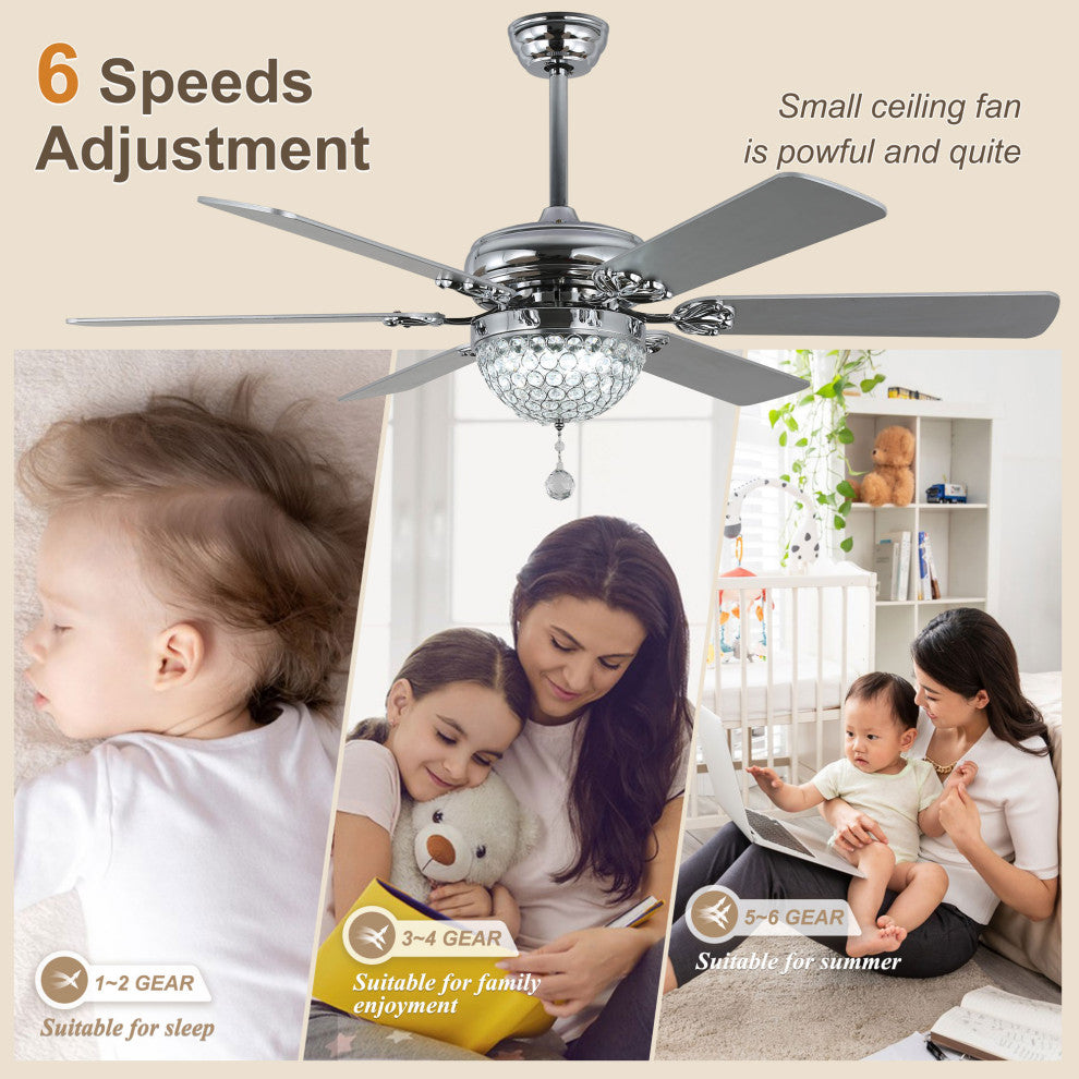 65" Modern Crystal Ceiling Fan with Dimmable LED Light and Remote, Silver