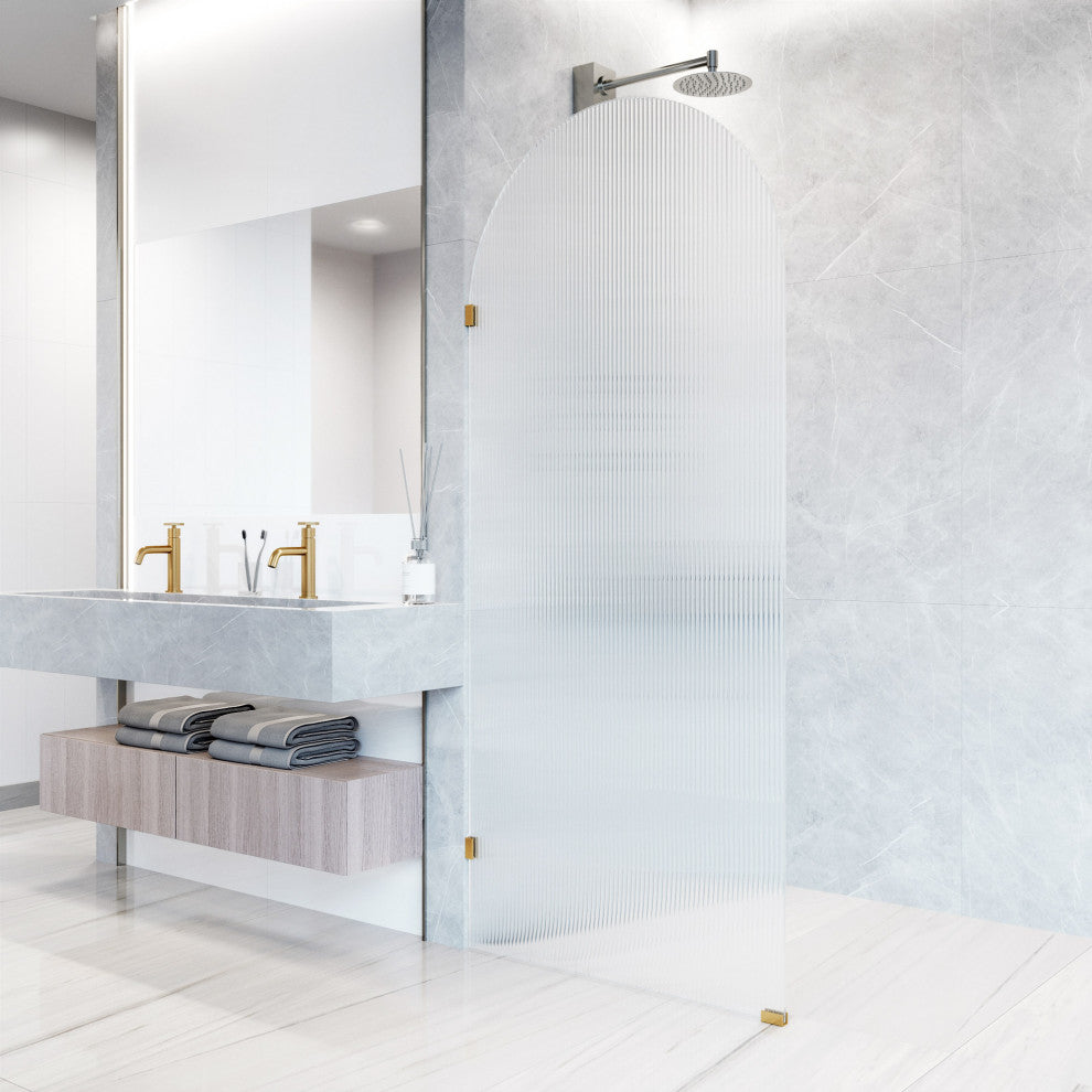 VIGO Arden 34" W x 78" H Frameless Fixed Shower Screen, Matte Brushed Gold, Fluted Glass