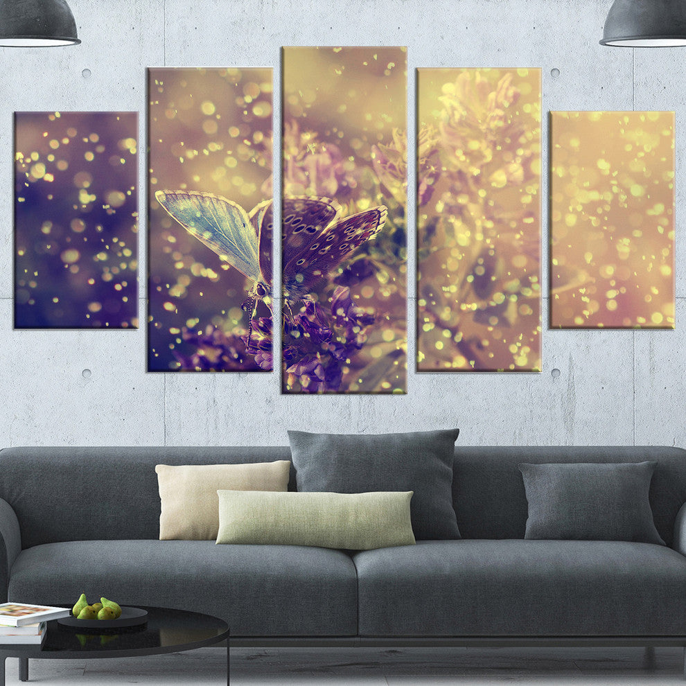 Blue Butterfly And Purple Flowers, Large Floral Canvas Print, 60"x32", 5 Panels