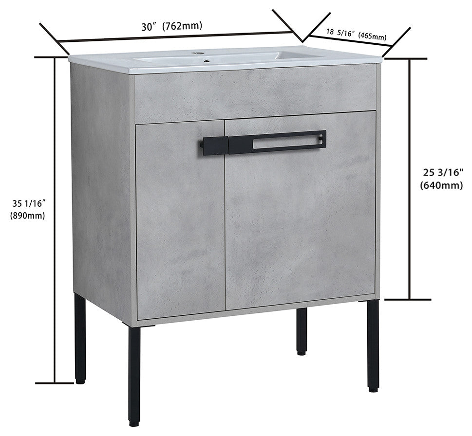 Freestanding/Floating Bathroom Vanity With white Ceramics Top, Grey, 30"