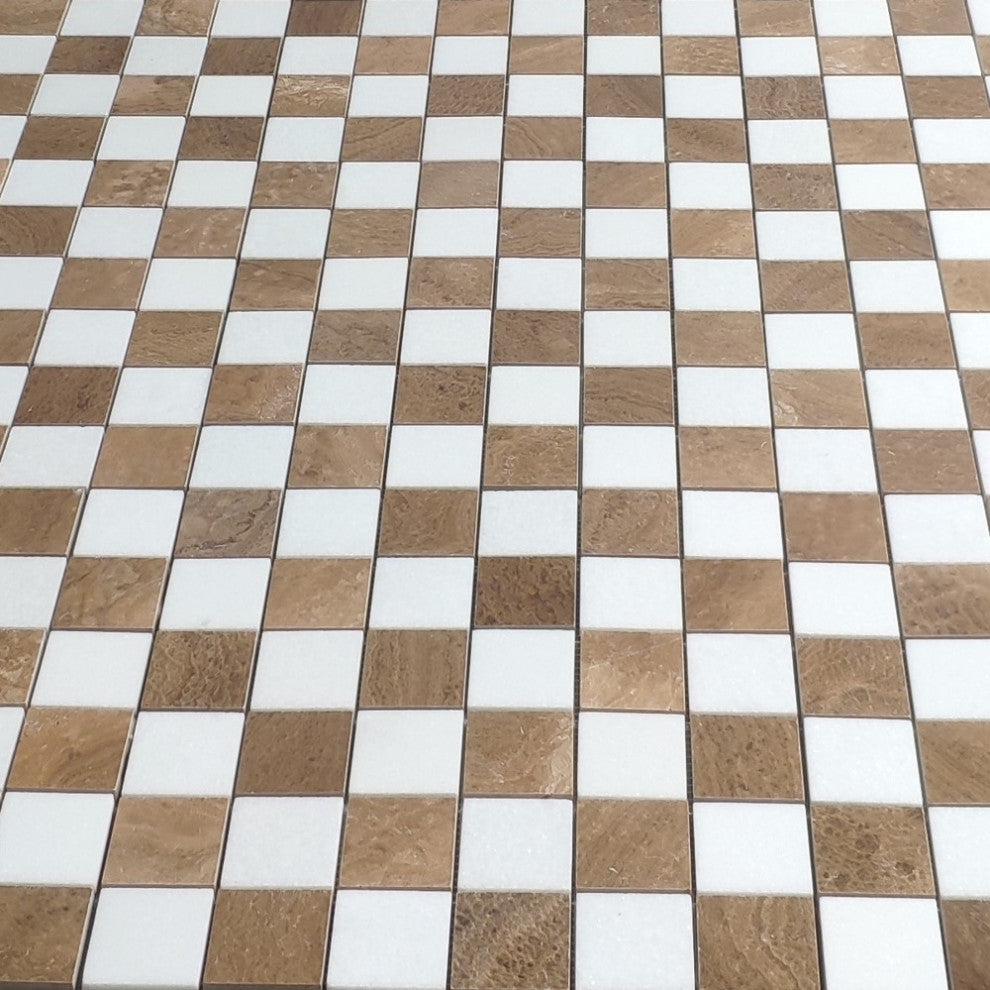 Thassos White Yellow Woodgrain Marble Checkerboard Square Mosaic Tile, 1 sheet