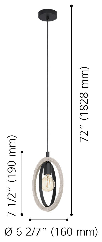 Basildon 1-Light Open Bulb Mini Pendant, Natural Wood, Black Finish