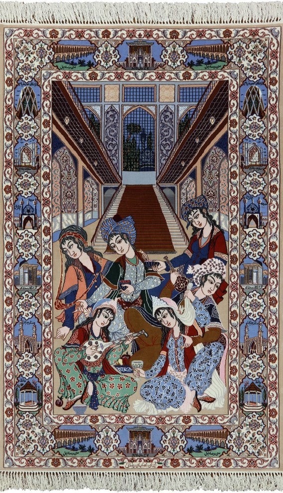 Authentic Persian Isfahan Pictorial Scene Hand Knotted Wool and Silk Rug, 4x6