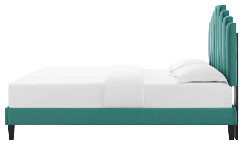 Platform Bed Frame, King Size, Velvet, Teal Blue, Modern Contemporary, Bedroom