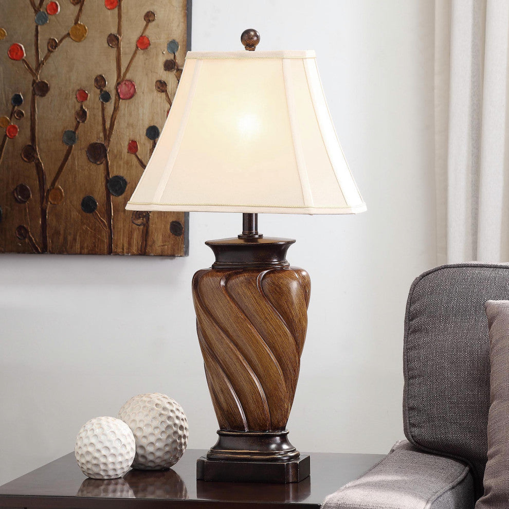Classic Table Lamp With Toffee Wood Finish and Rectangle Cut Corner Bell Shade
