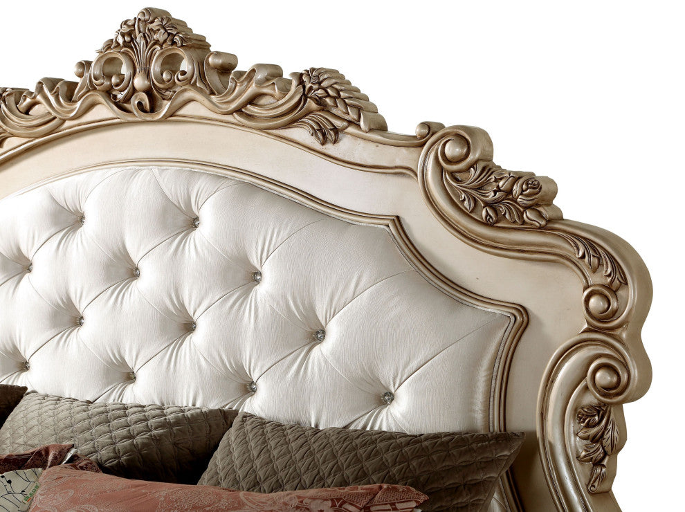 ACME Gorsedd Eastern King Bed, Fabric and Golden Ivory
