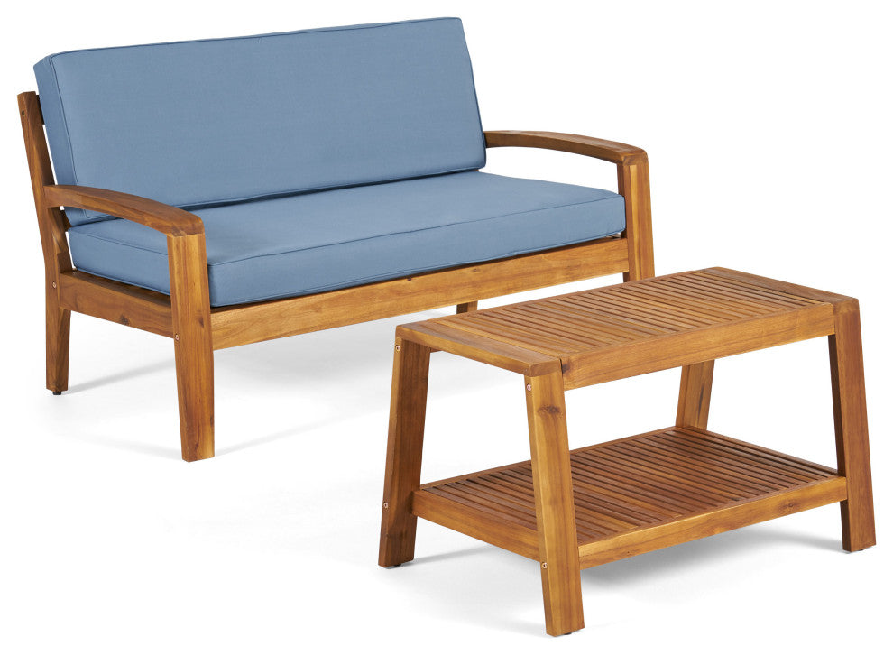 GDF Studio Christian Outdoor Acacia Wood Loveseat/Coffee Set, Teak Finish/Blue