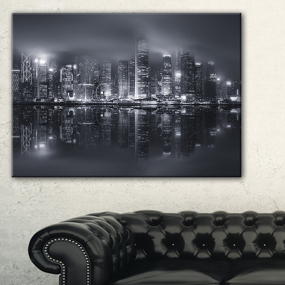 "Hong Kong Black And White Skyline" Cityscape Artwork Canvas, 40"x20"