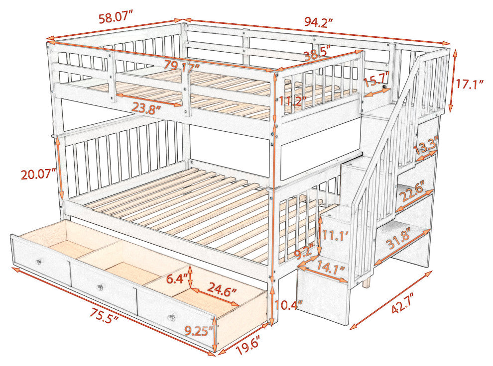 Gewnee Stairway Full-Over-Full Bunk Bed with Drawer,  Rail for Bedroom in White